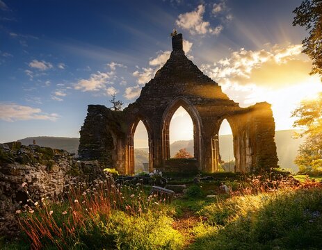 sun drenched ruins of a crumbling chapel