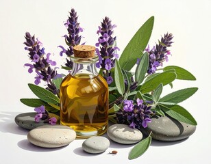 Oil bottle with lavender, leaves, & stones on white surface
