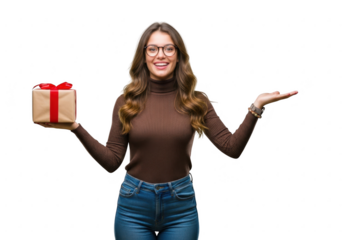 Woman holding a gift with outstretched hand isolated on transparent background