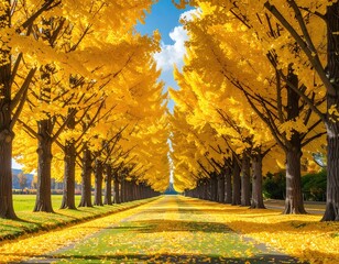 Golden tree-lined path in fall, sunny day