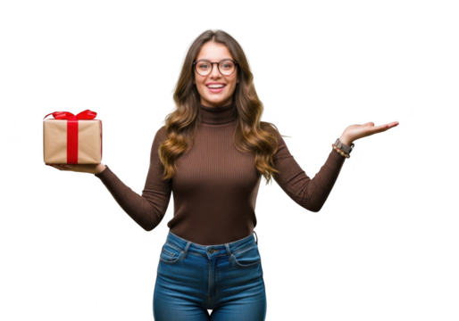 Woman holding a gift with outstretched hand isolated on transparent background