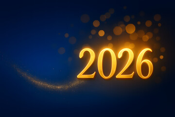 Golden 2026 new year design on dark blue background with bokeh effect