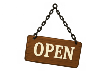 Wooden open sign hanging from chains, indicating business availability or store welcome, transparent background
