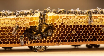 Close up of bees on honeycomb frame displaying natural honey production