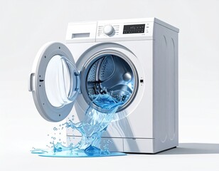 Washing machine spills water, open door, clean appliance