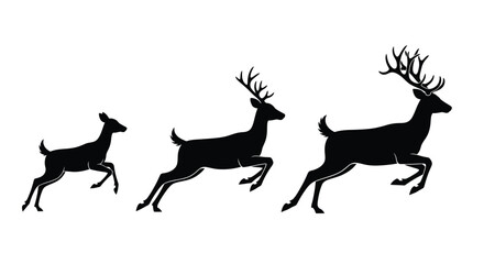 Silhouette of three deer in a running or leaping pose black and white