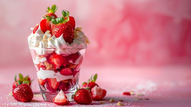 苺パフェ　クリームの層　グラスデザート　ピンク背景