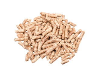 Pile of wood pellets on white or transparent background