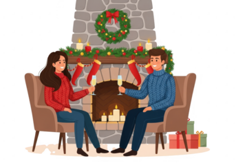 Couple celebrating christmas by the fireplace with champagne, isolated on transparent background