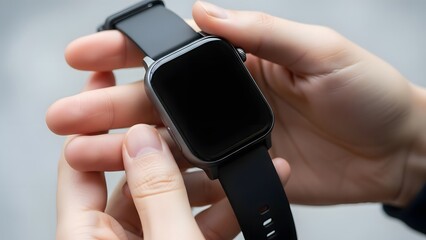 Close-up of hands holding an unbranded smartwatch with blank screen, clean tech-style photo.