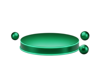 Futuristic green podium with glowing spheres on black background