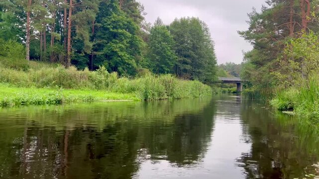Calm Irbe River in Latvia flowing beneath dense riverside greenery with distant concrete bridge framed by pines and soft overcast sky reflections on the water