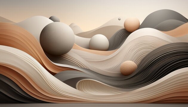 abstract landscape with layered flowing shapes and floating spheres soft earth tones and neutral grays create a serene minimalist scene