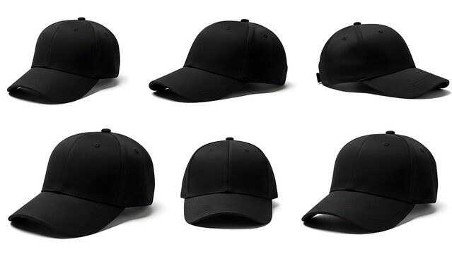 Collection of six blank black baseball caps on isolated white