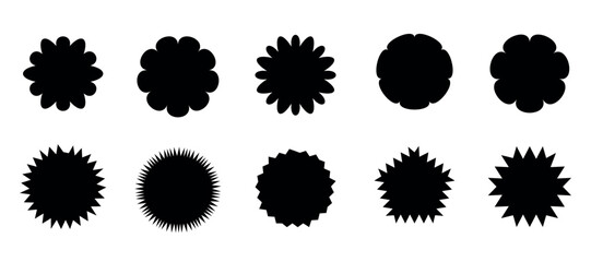 Collection of black starburst and circular shapes on white background