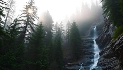 Morning mist in the forest with a waterfall