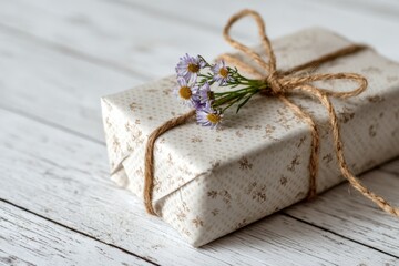 Charming gift wrapped in patterned paper and tied with rustic twine, adorned with small purple asters on a bright white wooden surface.