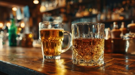 Cold craft beers and amber whiskey are placed on a wooden bar top surrounded by a cozy atmosphere. The warm lighting enhances the inviting vibe of the pub where friends gather after work.
