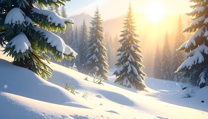Winter morning sunlight warming snow-covered evergreen forest landscape scene