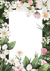 Frame with watercolor illustrations of chamomile, clover, apple blossoms, meadow grasses. White background, space for text. Hand-drawn, realistic botanical. For printing, cards, wedding invitations.