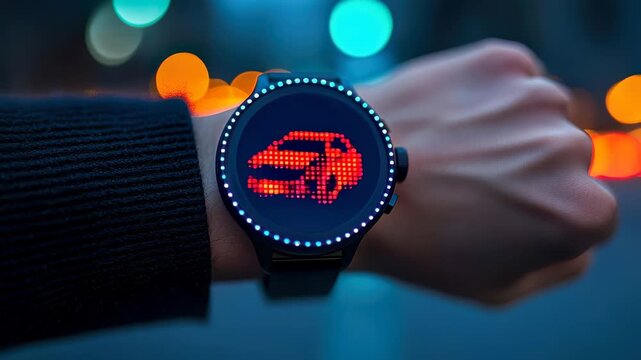 Smartwatch wrist wearable neon bokeh urban night futuristic digital display red LED interface tech city glowing dots gadget screen pixel round bezel
