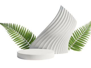 Minimalist white podium with green fern leaves and abstract sculpture