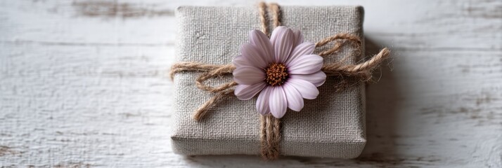 Fototapeta premium Small linen-wrapped gift box tied with rustic twine and adorned with a soft pink daisy. Bright natural lighting and neutral textures highlight the gentle, handcrafted aesthetic.