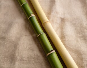 Fototapeta premium two bamboo sticks one bright green the other light brown lie on a light beige linen cloth the green stick is longer and has a pale yellow cream colored base the joints of the bamboo are visible