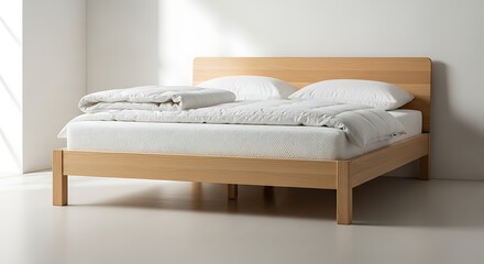 Minimalist wooden bed frame with white bedding and pillows for bedroom interior design ideas decor