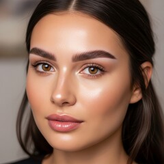 Fototapeta premium High-end beauty portrait of a model with flawless nano brows and glowing, dewy skin.