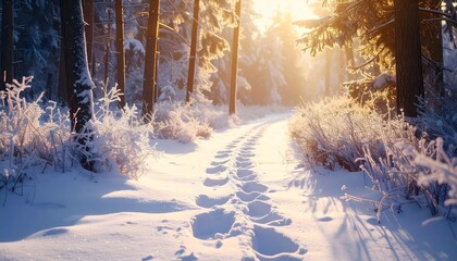 Footprints trace a peaceful path through a sunlit, snow-covered winter forest