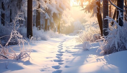 Footprints in fresh snow on a sunlit winter forest path with frosted trees