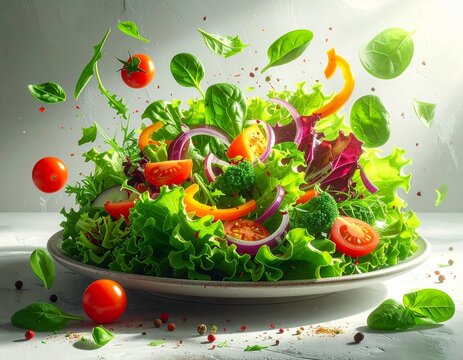 Ein frischer Salat aus knackigen Bl&auml;ttern und buntem Gem&uuml;se