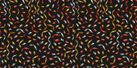 Luxurious vector seamless pattern featuring glossy metallic confetti and long, swirling ribbons (streamers). Festive color palette of gold, silver, red, and bronze on a black background. 