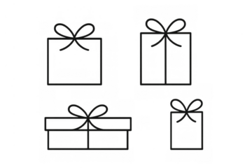 Gift box line art icons set with bow and ribbon, featuring various shapes for celebration and holiday present designs on transparent background
