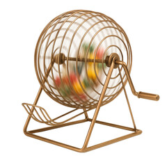 Spinning Gold Wire Lottery Cage Raffle Drum with Colorful Balls isolated PNG with Transparent Background
