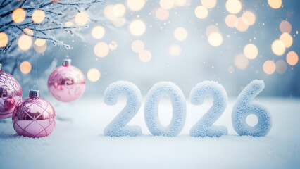Sparkling 2026 new year celebration with pink ornaments and twinkling lights in a snowy scene