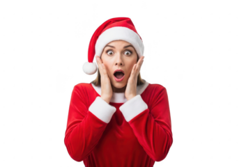 Surprised woman in santa costume isolated on transparent background