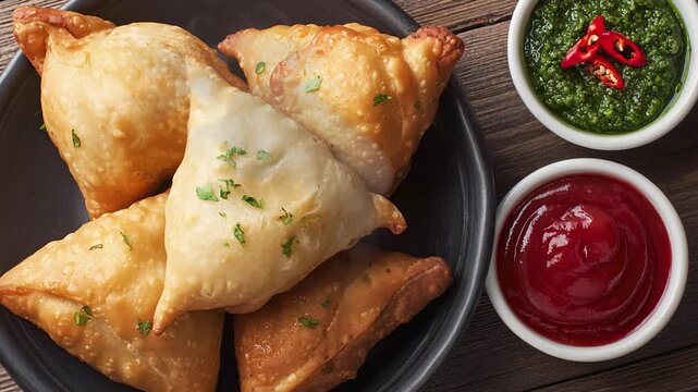 Delicious golden brown samosas served on a dark plate with dipping sauces