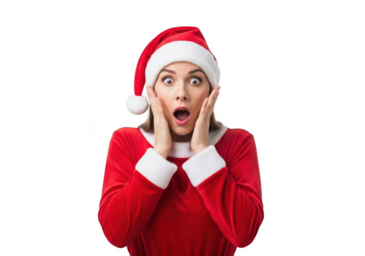 Surprised woman in santa costume isolated on transparent background - Powered by Adobe