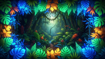 Tropical leaves frame in vibrant jungle
