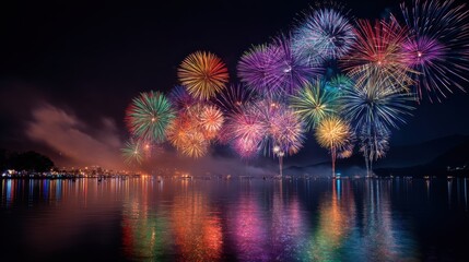 Bright fireworks light up the night sky over a tranquil lake reflecting vivid colors on the water. People enjoy the festive atmosphere during the celebration.