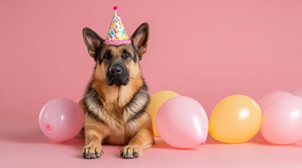 A playful dog wearing a party hat sits calmly among vibrant balloons in pink, yellow, and blue. This delightful scene evokes a sense of celebration and joy, perfect for a special occasion
