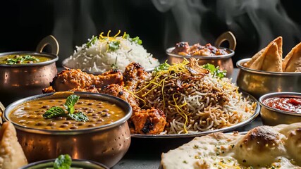 Indian Inspired Dishes Arranged on a Table, Capturing the Cultural Richness and Hospitality of Global Cuisine, Perfect for Cooking Show Backgrounds or Restaurant Advertisements.