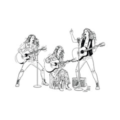 Fototapeta premium Three young women performing music together playing acoustic guitars and singing into microphones