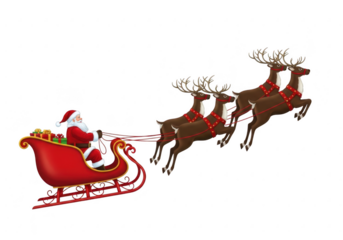 Santa claus in sleigh pulled by reindeer, isolated on transparent background