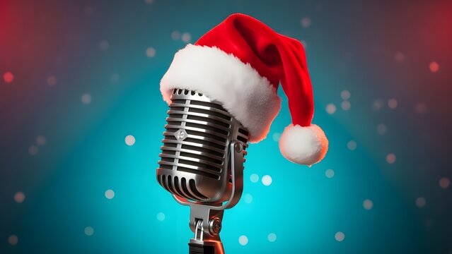 Classic studio microphone wearing Santa hat ready for Christmas music performance background.