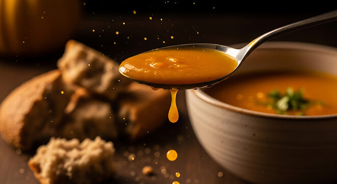 Closeup of a spoon lifting creamy pumpkin soup with a drip. - Powered by Adobe