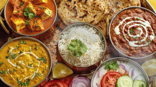 Assortment of traditional indian curries, rice, bread, and raita served together