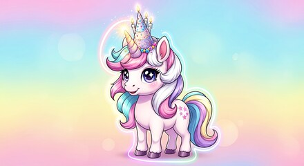 Cute unicorn with rainbow mane and sparkling crown on pastel background  